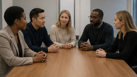 New employee welcomed by two colleagues in a modest office