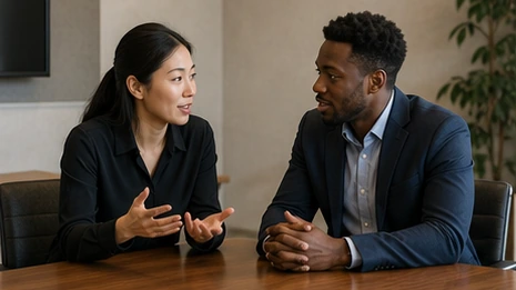 Two business partners rehearsing a concise spoken pitch in a quiet meeting room