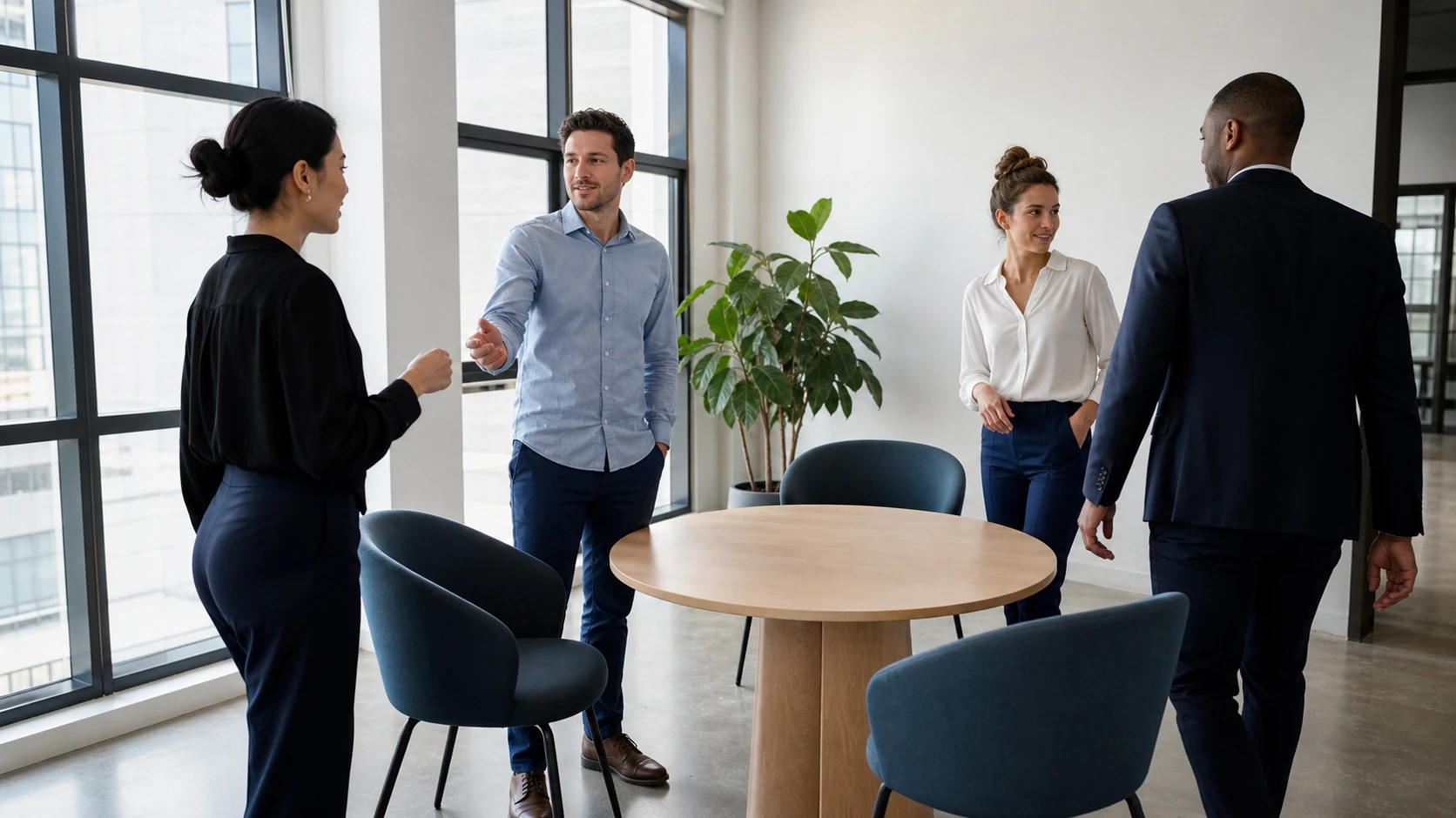 Small office team ending a brief standing meeting in a bright room